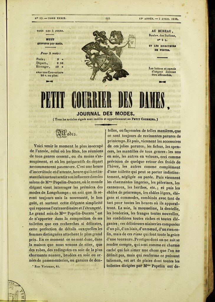 Miniatura de Petit Courrier des Dames : annonces des modes, des nouveautés et des arts del 5 de Abril de 1840