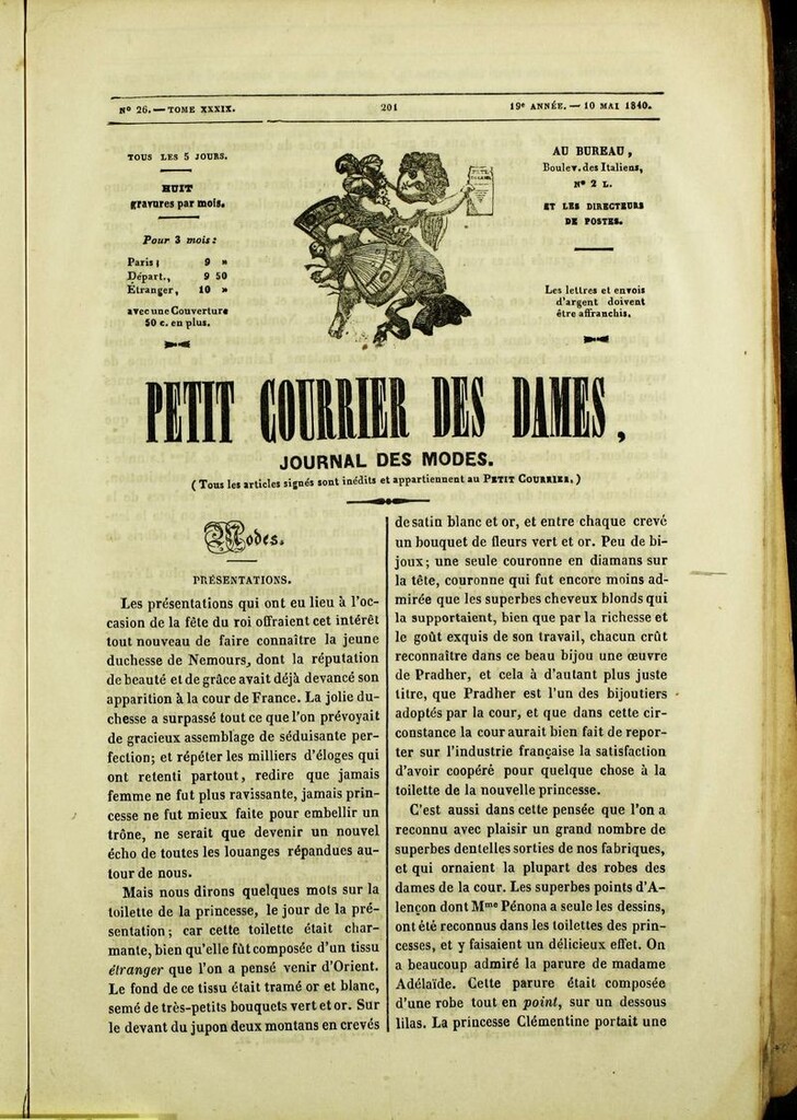 Miniatura de Petit Courrier des Dames : annonces des modes, des nouveautés et des arts del 10 de Mayo de 1840