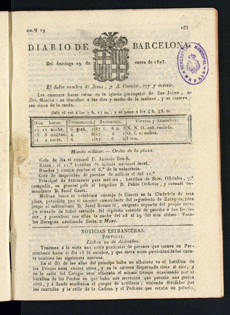 Miniatura de Diario de Barcelona del 19 de enero de 1823