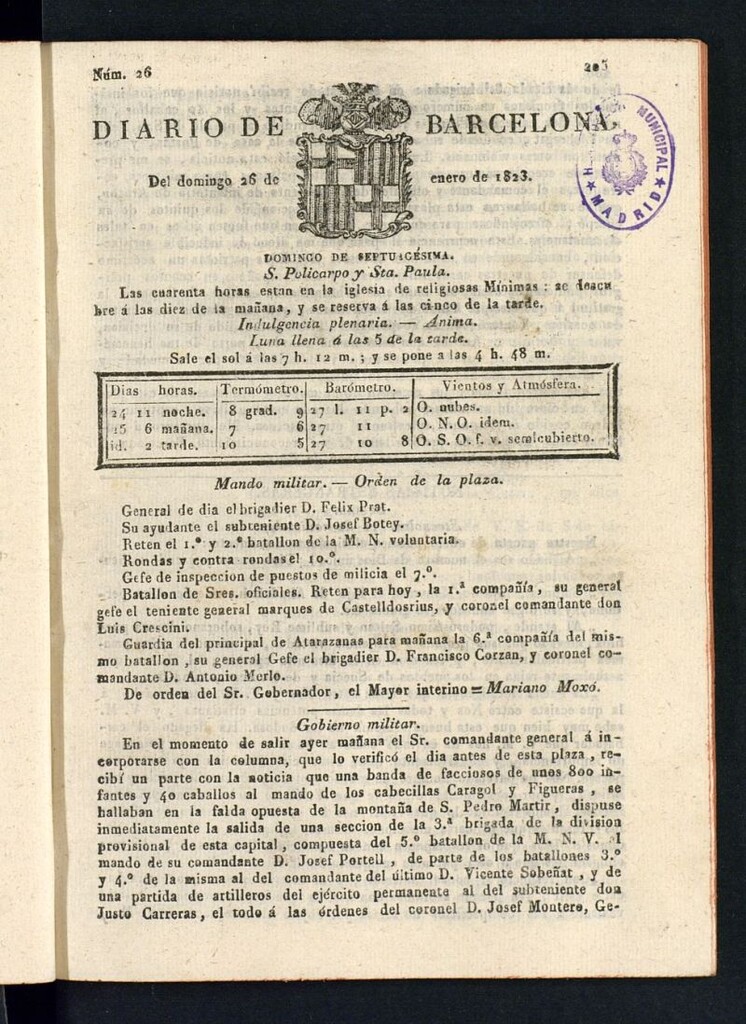 Miniatura de Diario de Barcelona del 26 de enero de 1823