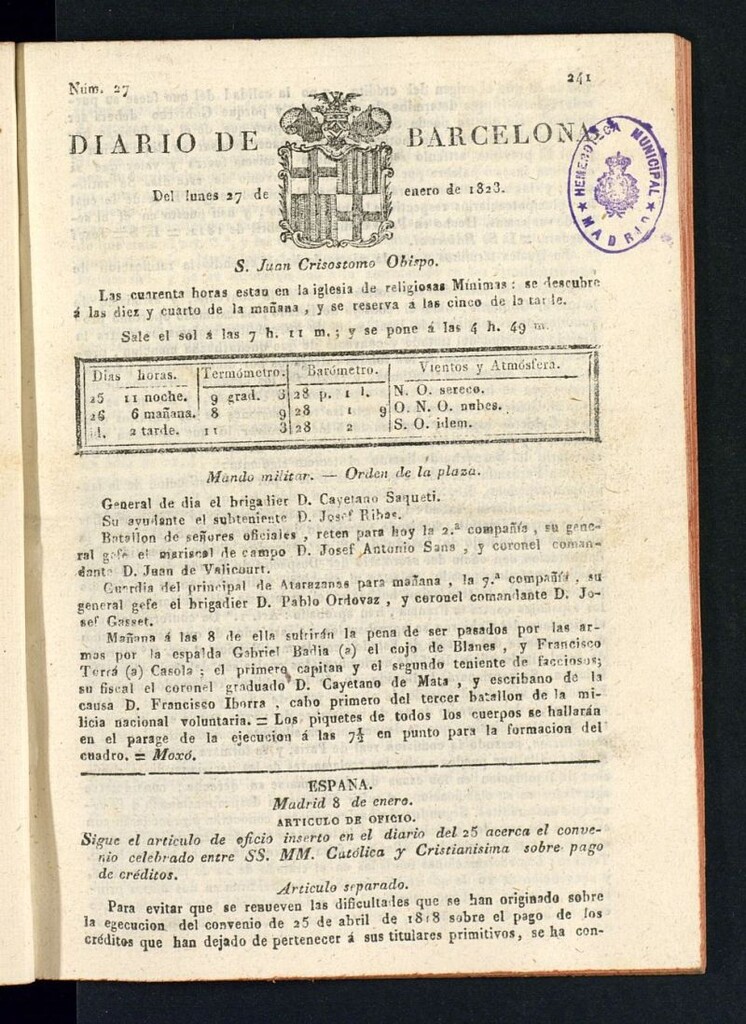Miniatura de Diario de Barcelona del 27 de enero de 1823