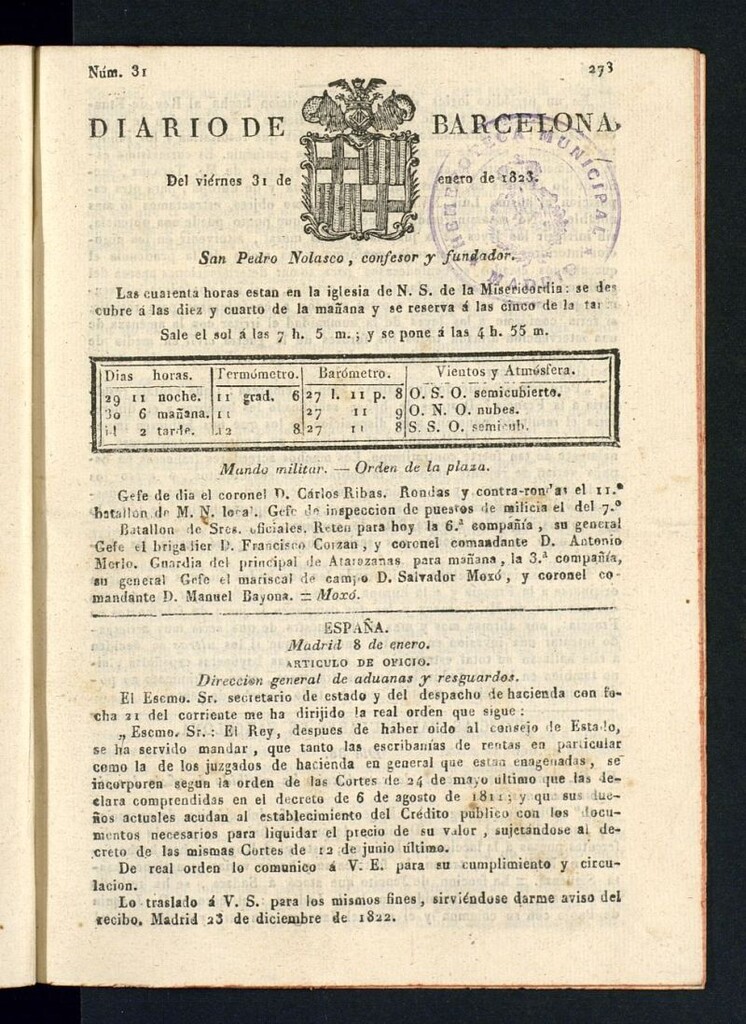 Miniatura de Diario de Barcelona del 31 de enero de 1823
