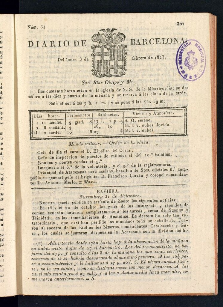 Miniatura de Diario de Barcelona del 3 de febrero de 1823