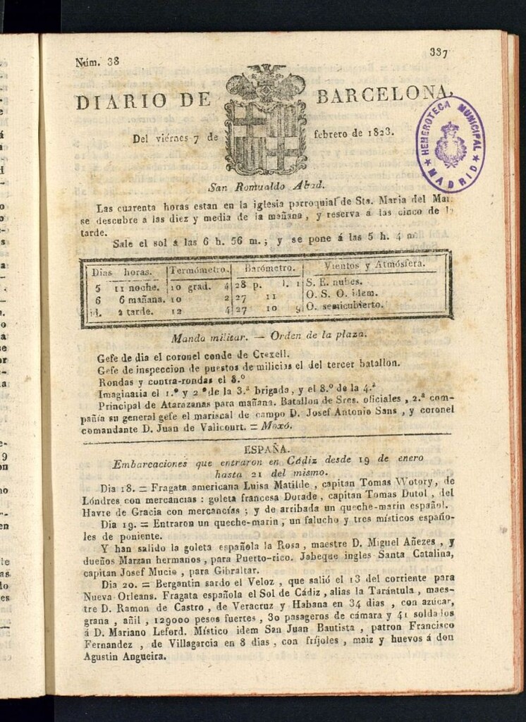 Miniatura de Diario de Barcelona del 7 de febrero de 1823