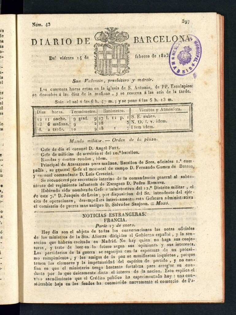 Miniatura de Diario de Barcelona del 14 de febrero de 1823