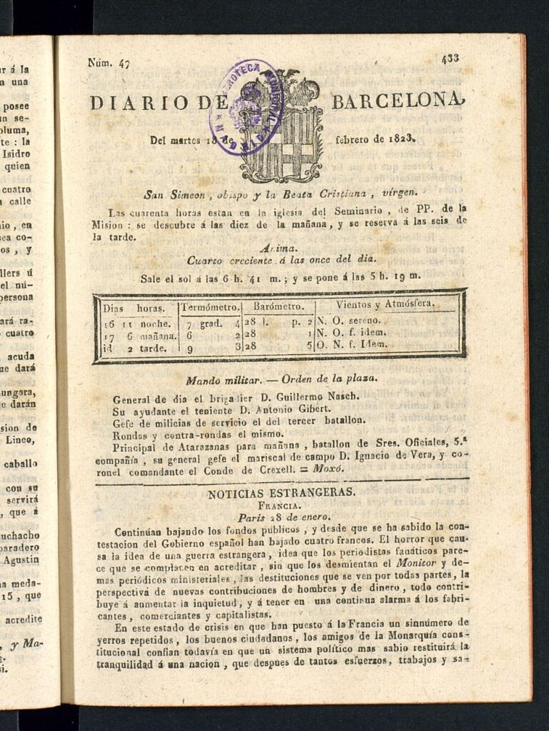 Miniatura de Diario de Barcelona del 18 de febrero de 1823