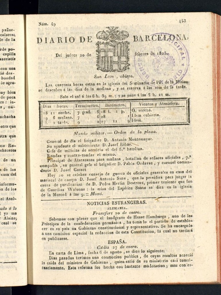 Miniatura de Diario de Barcelona del 20 de febrero de 1823