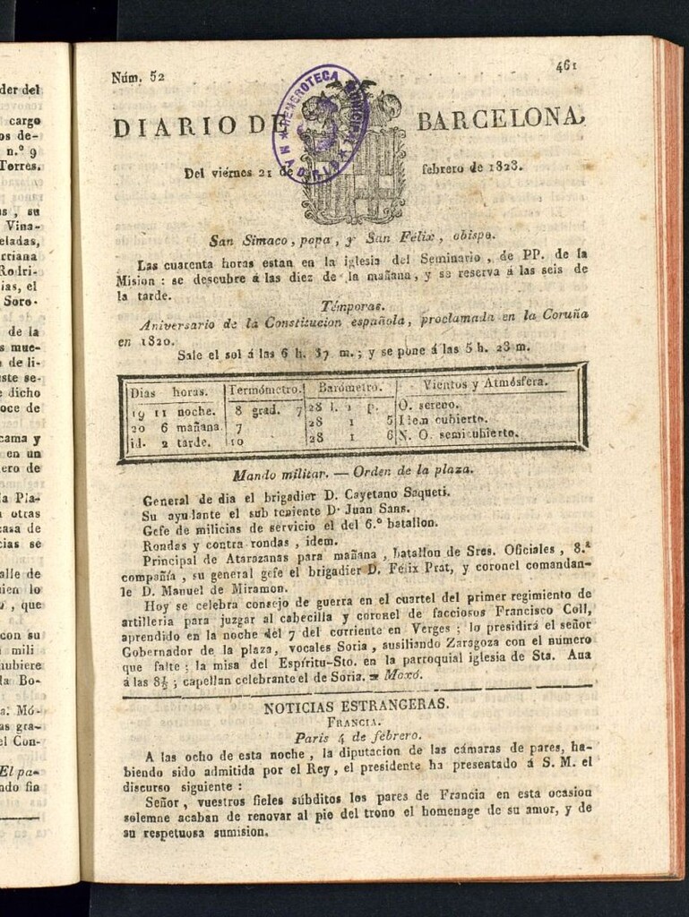 Miniatura de Diario de Barcelona del 21 de febrero de 1823