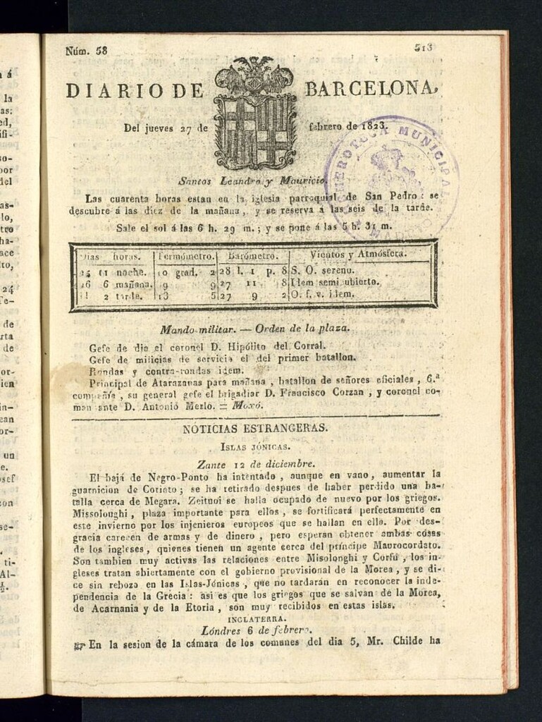 Miniatura de Diario de Barcelona del 27 de febrero de 1823