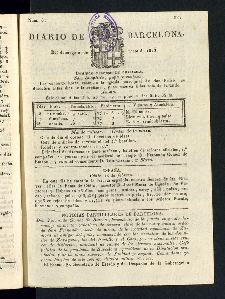 Miniatura de Diario de Barcelona del 2 de marzo de 1823
