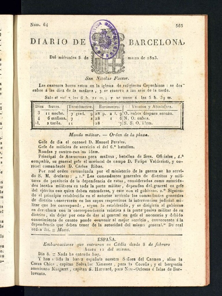 Miniatura de Diario de Barcelona del 5 de marzo de 1823