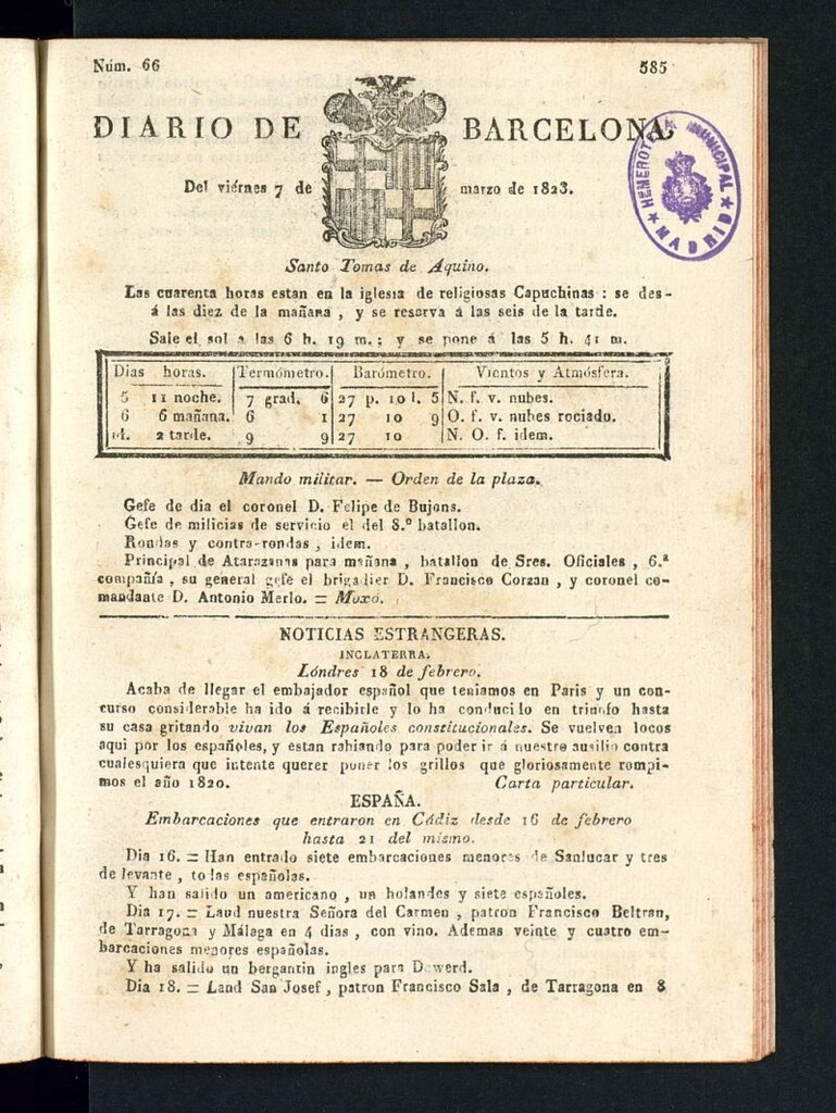 Miniatura de Diario de Barcelona del 7 de marzo de 1823