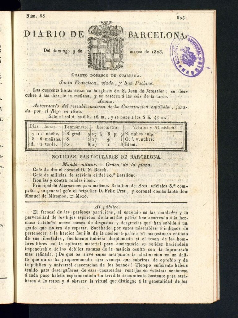 Miniatura de Diario de Barcelona del 9 de marzo de 1823
