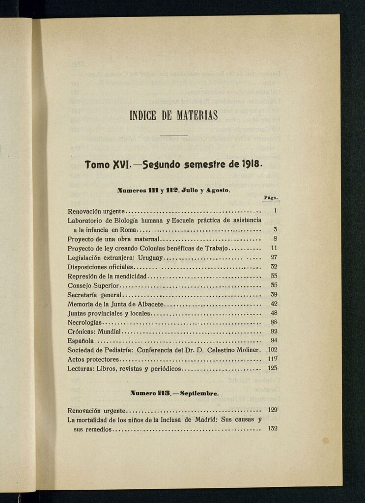 Miniatura de Pro Infantia : boletín del Consejo Superior de Protección a la Infancia y Represión de la Mendicidad de 1918. Índices. Segundo semestre
