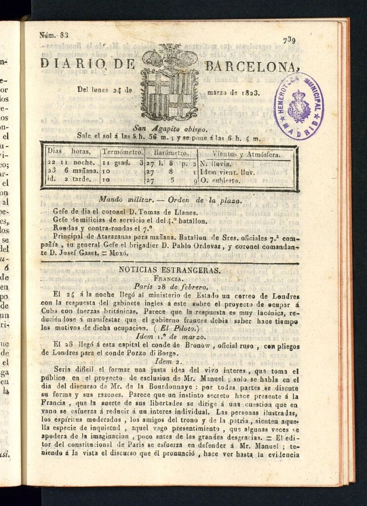 Miniatura de Diario de Barcelona del 24 de marzo de 1823