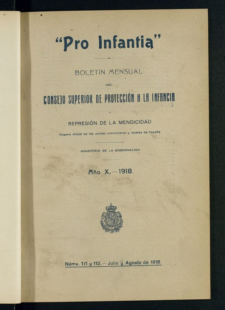 Miniatura de Pro Infantia : boletín del Consejo Superior de Protección a la Infancia y Represión de la Mendicidad de julio y agosto de 1918