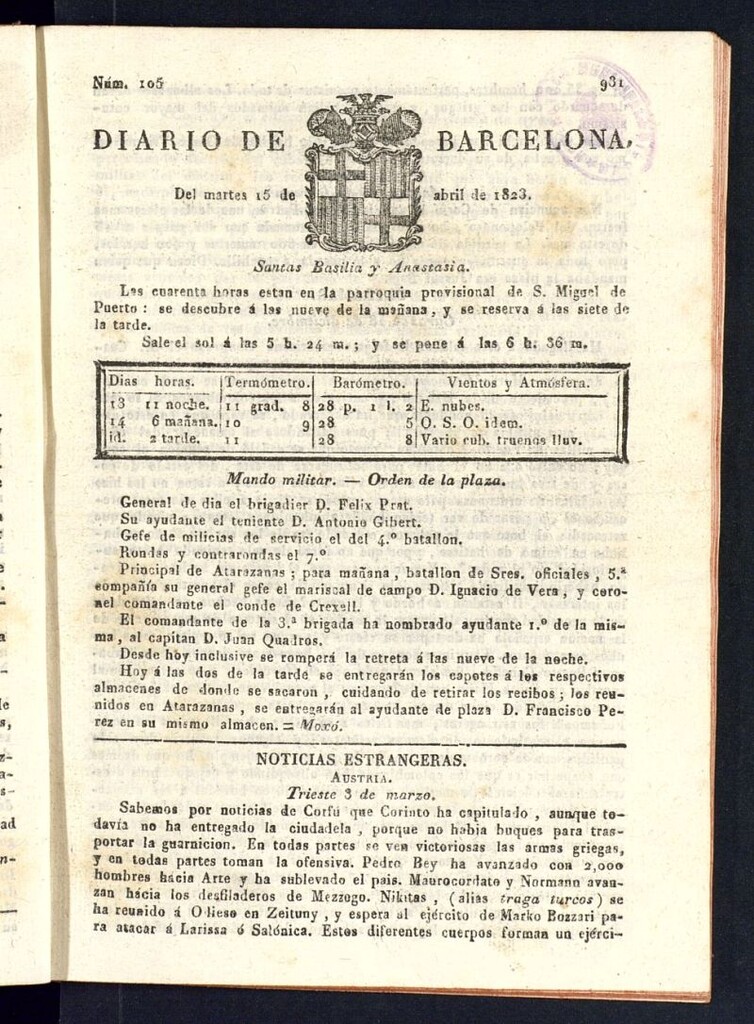 Miniatura de Diario de Barcelona del 15 de abril de 1823