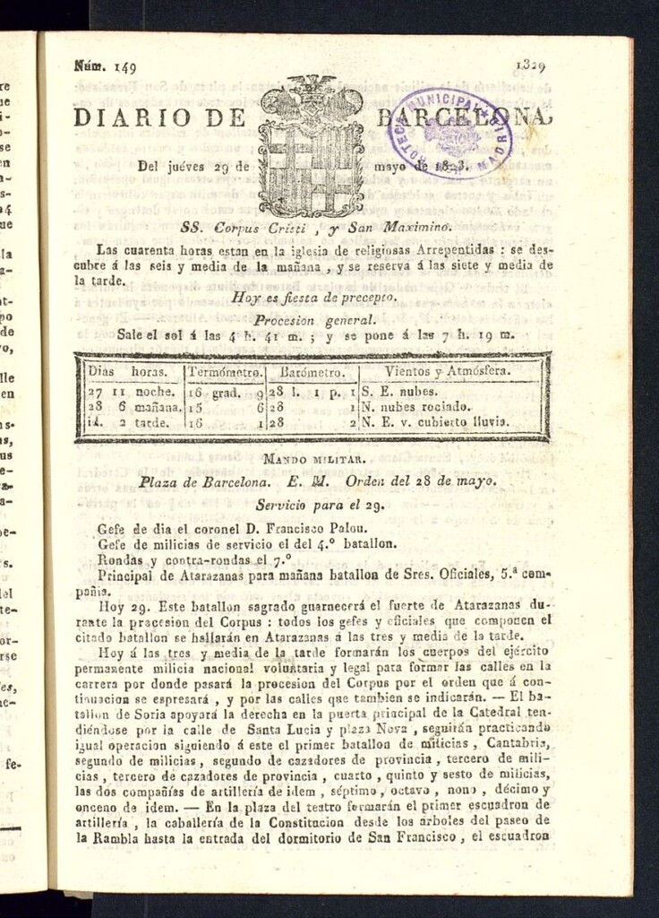 Miniatura de Diario de Barcelona del 29 de mayo de 1823