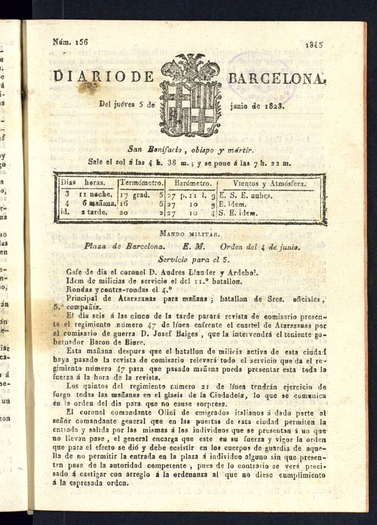 Miniatura de Diario de Barcelona del 5 de junio de 1823