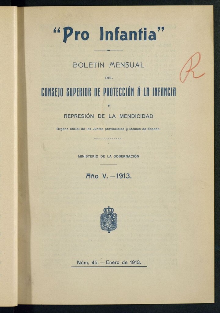 Miniatura de Pro Infantia : boletín del Consejo Superior de Protección a la Infancia y Represión de la Mendicidad de enero de 1913