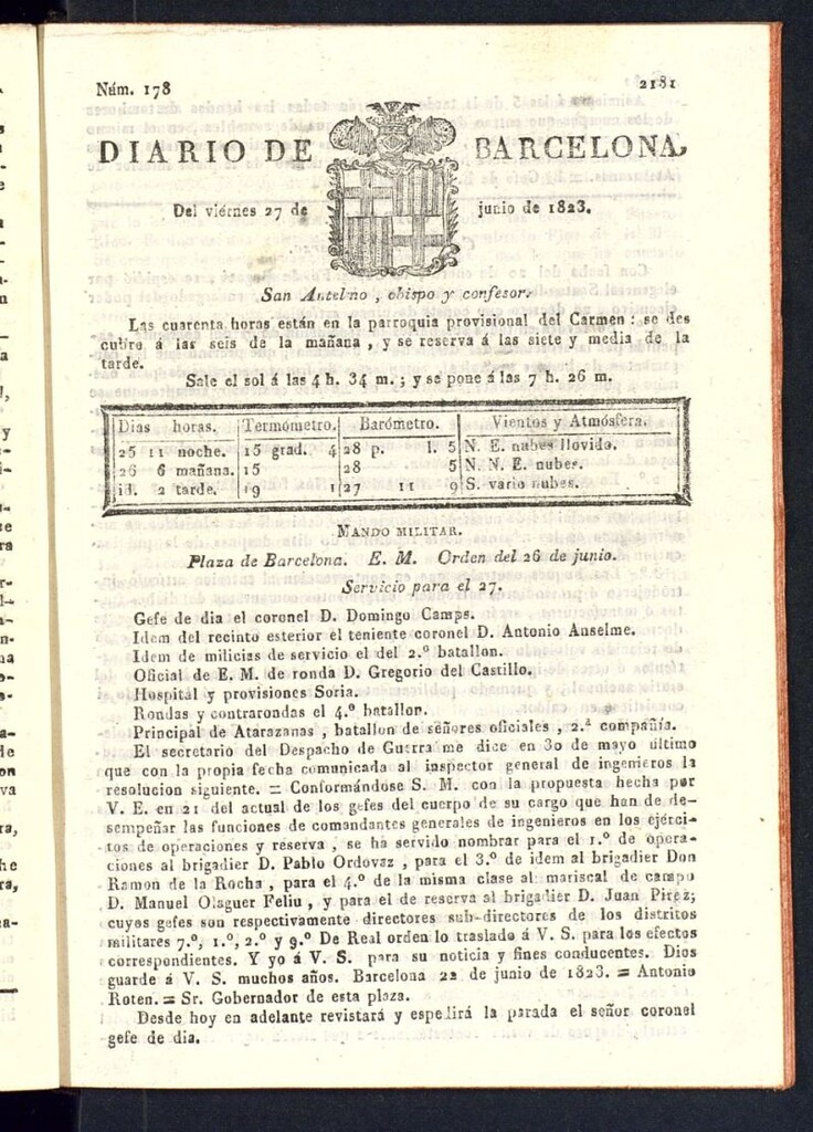 Miniatura de Diario de Barcelona del 27 de junio de 1823