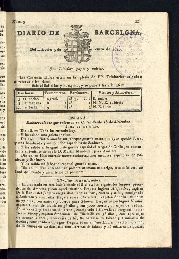 Miniatura de Diario de Barcelona del 5 de enero de 1820