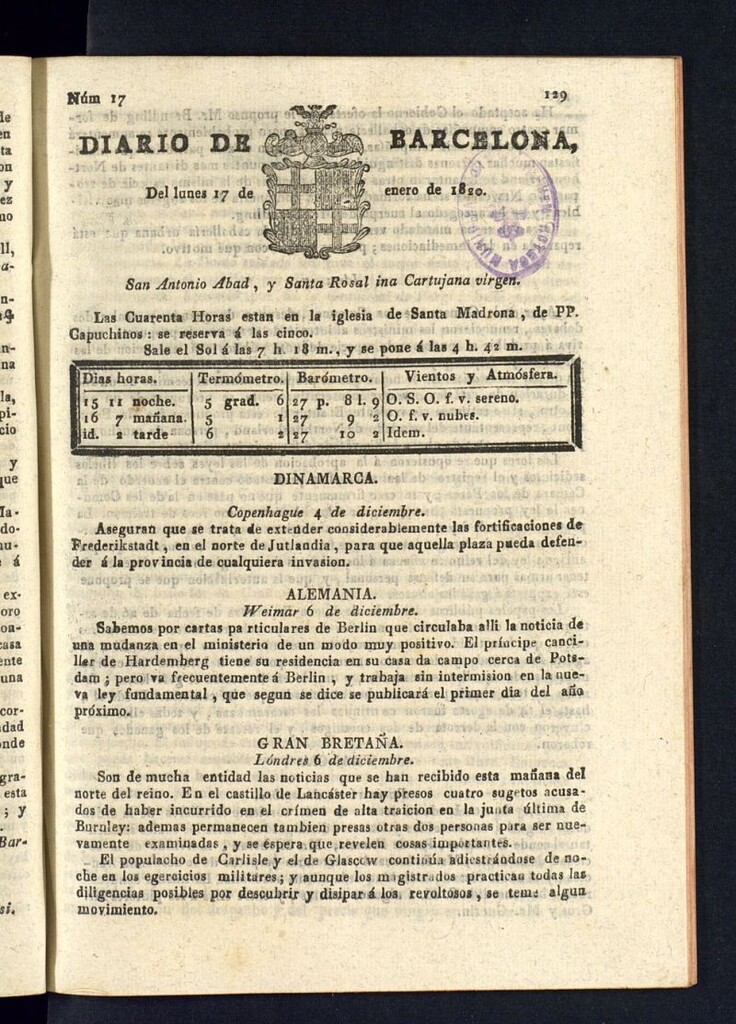 Miniatura de Diario de Barcelona del 17 de enero de 1820