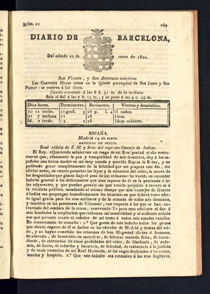Miniatura de Diario de Barcelona del 22 de enero de 1820