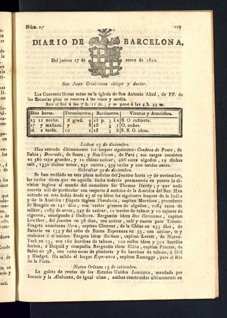 Miniatura de Diario de Barcelona del 27 de enero de 1820