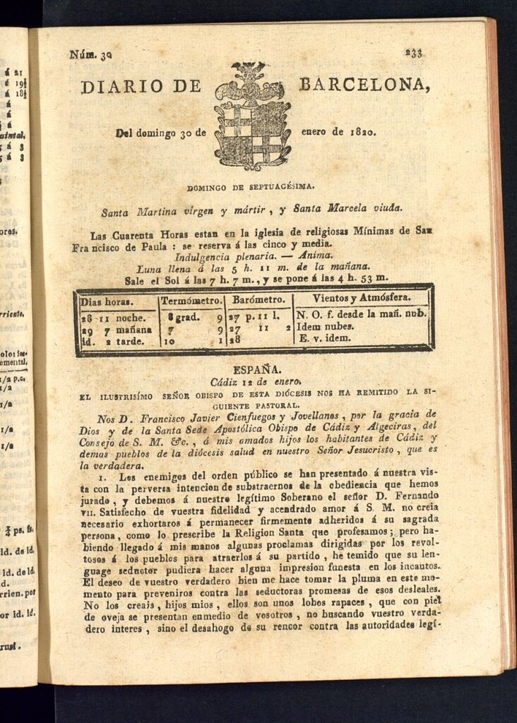 Miniatura de Diario de Barcelona del 30 de enero de 1820
