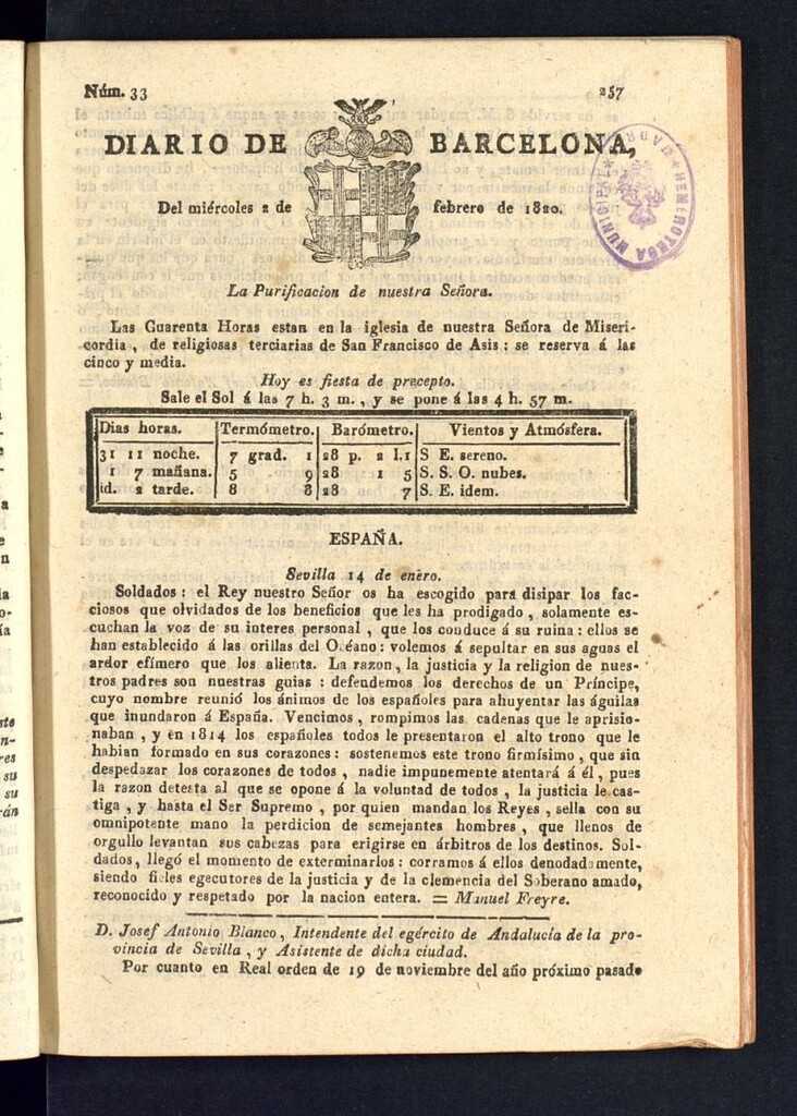 Miniatura de Diario de Barcelona del 2 de febrero de 1820