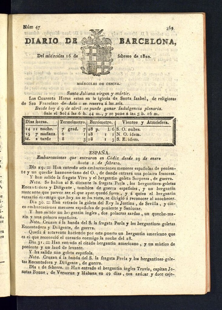 Miniatura de Diario de Barcelona del 16 de febrero de 1820