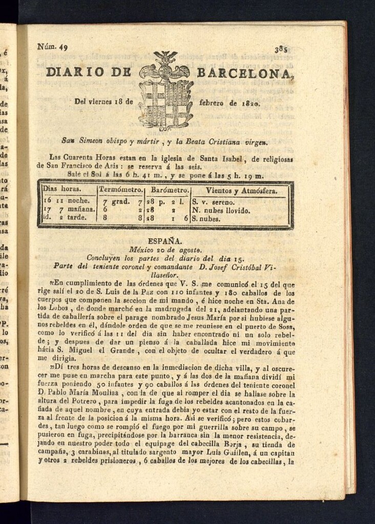Miniatura de Diario de Barcelona del 18 de febrero de 1820