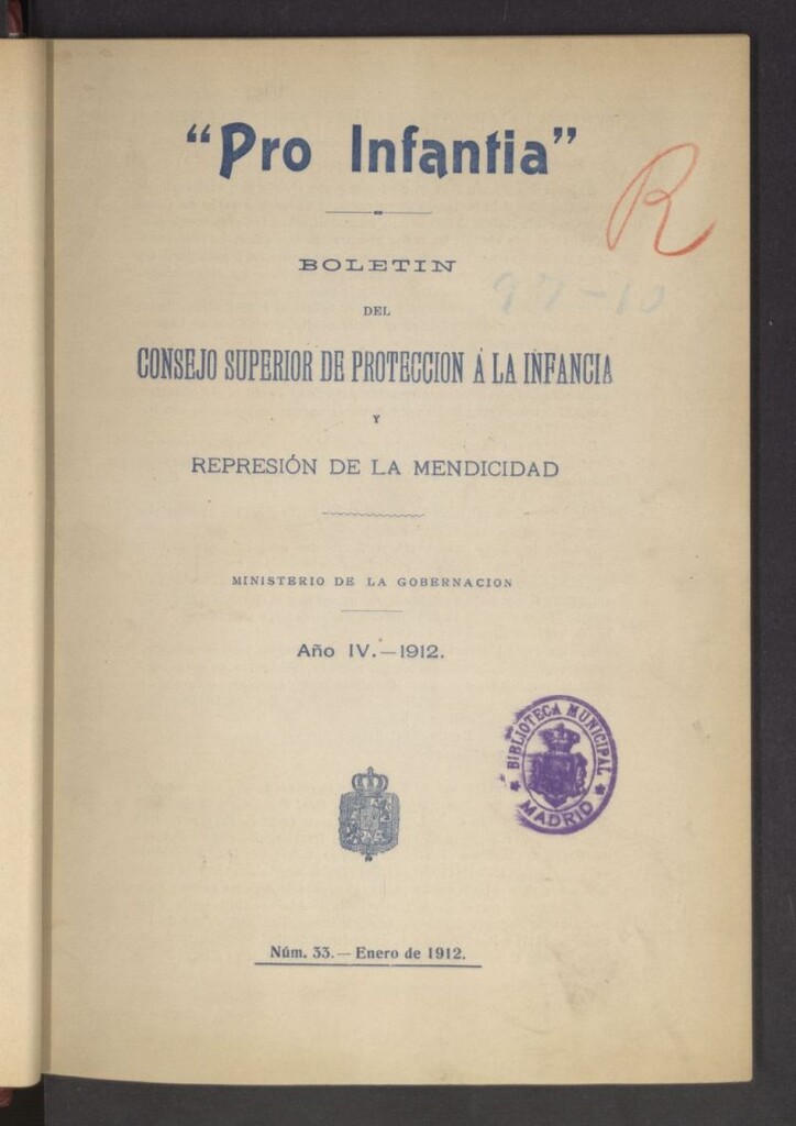 Miniatura de Pro Infantia : boletín del Consejo Superior de Protección a la Infancia y Represión de la Mendicidad de enero de 1912