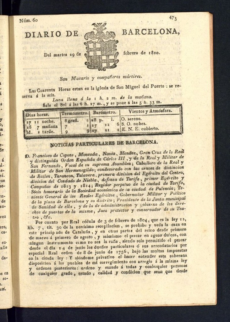 Miniatura de Diario de Barcelona del 29 de febrero de 1820