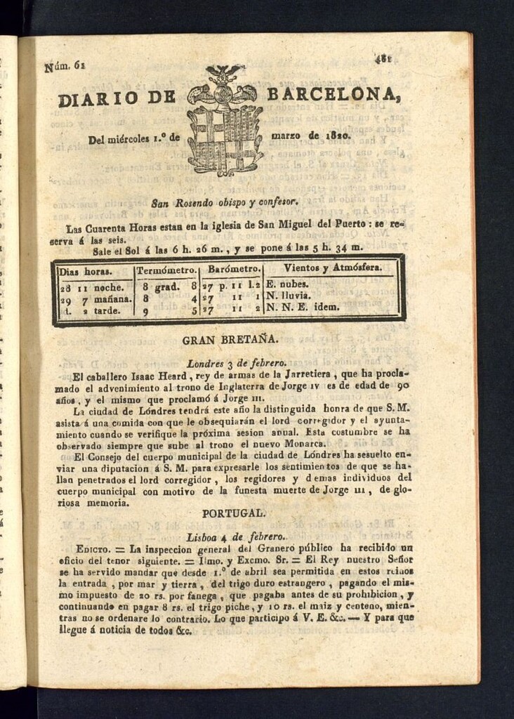 Miniatura de Diario de Barcelona del 1 de marzo de 1820