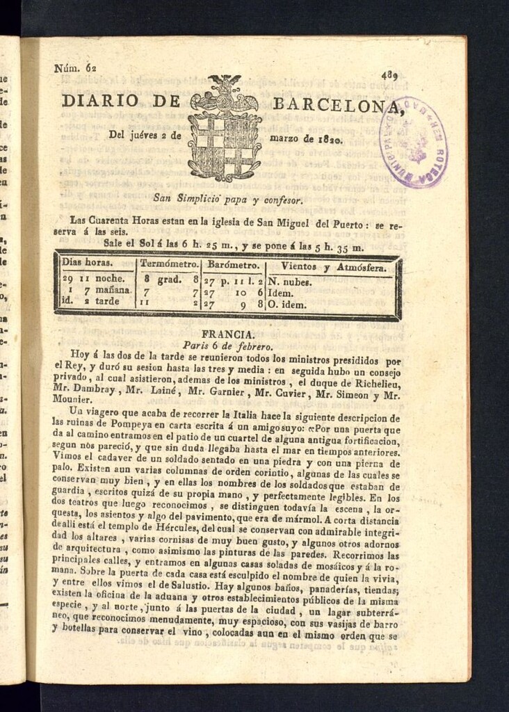 Miniatura de Diario de Barcelona del 2 de marzo de 1820