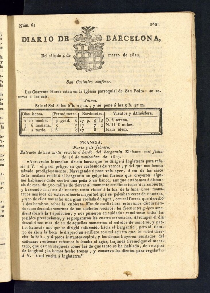 Miniatura de Diario de Barcelona del 4 de marzo de 1820