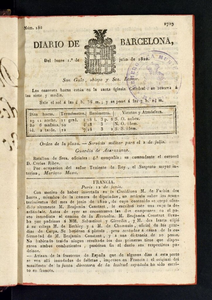 Miniatura de Diario de Barcelona del 1 de julio de 1822, nº 182