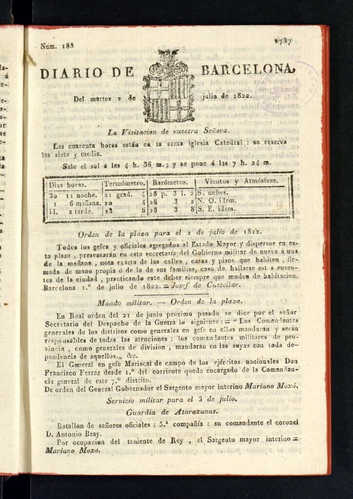 Miniatura de Diario de Barcelona del 2 de julio de 1822, nº 183