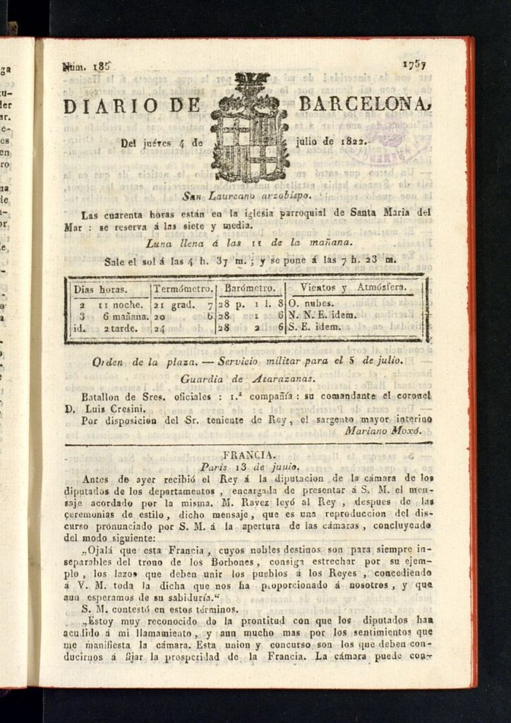 Miniatura de Diario de Barcelona del 4 de julio de 1822, nº 185