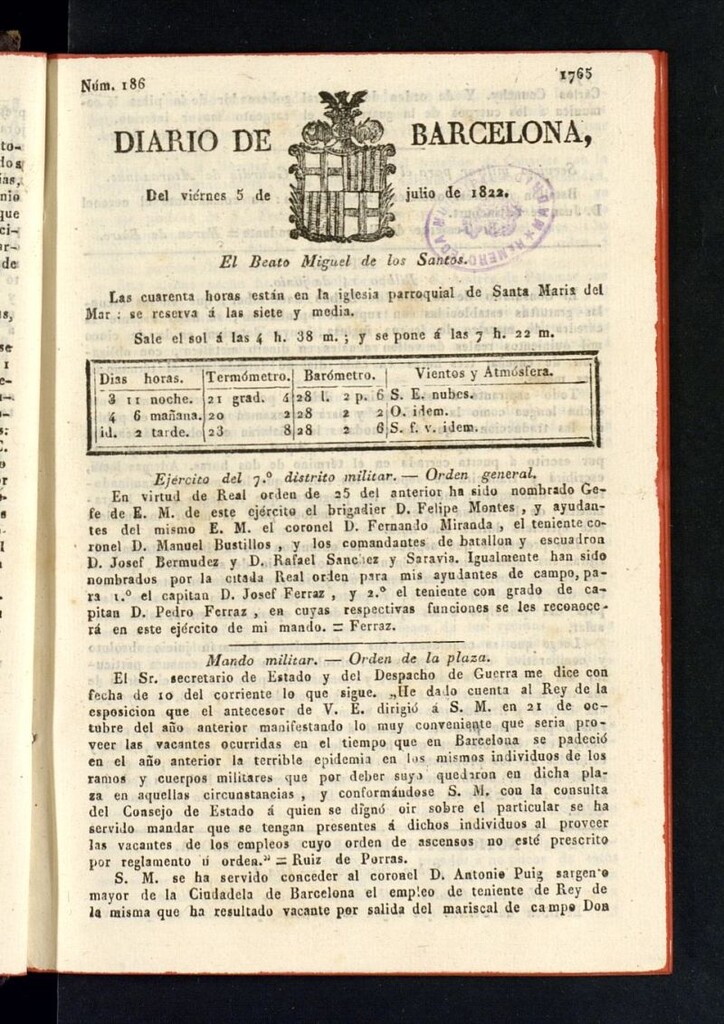 Miniatura de Diario de Barcelona del 5 de julio de 1822, nº 186