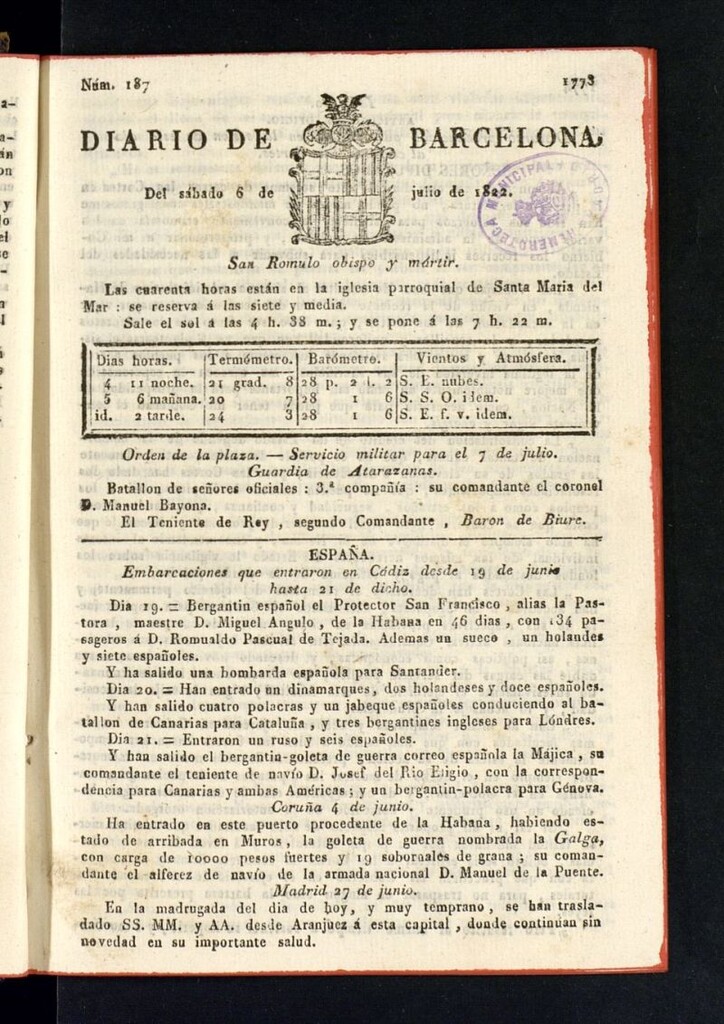 Miniatura de Diario de Barcelona del 6 de julio de 1822, nº 187
