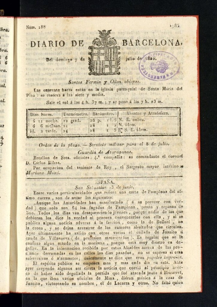 Miniatura de Diario de Barcelona del 7 de julio de 1822, nº 188