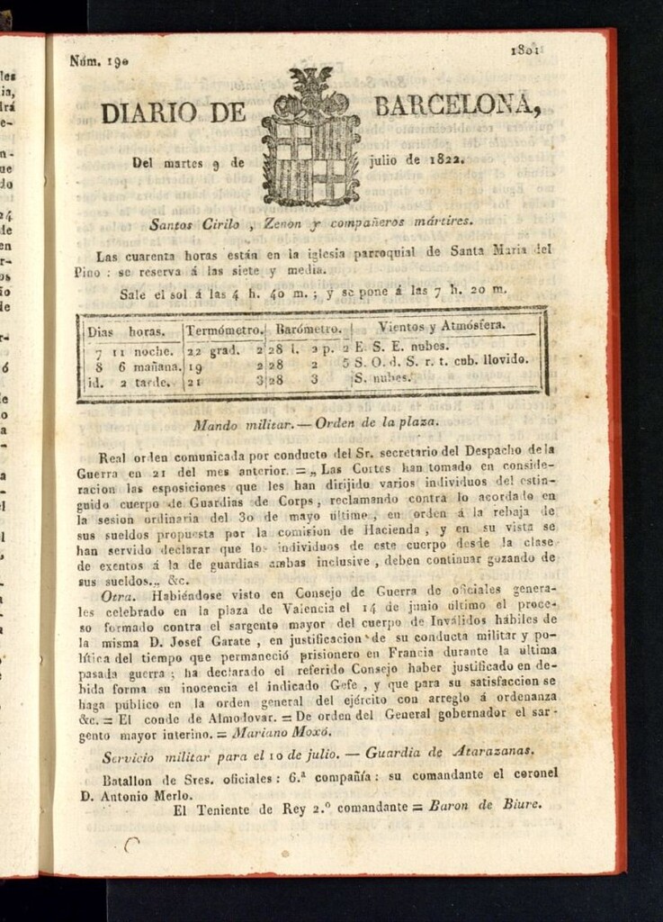 Miniatura de Diario de Barcelona del 9 de julio de 1822, nº 190