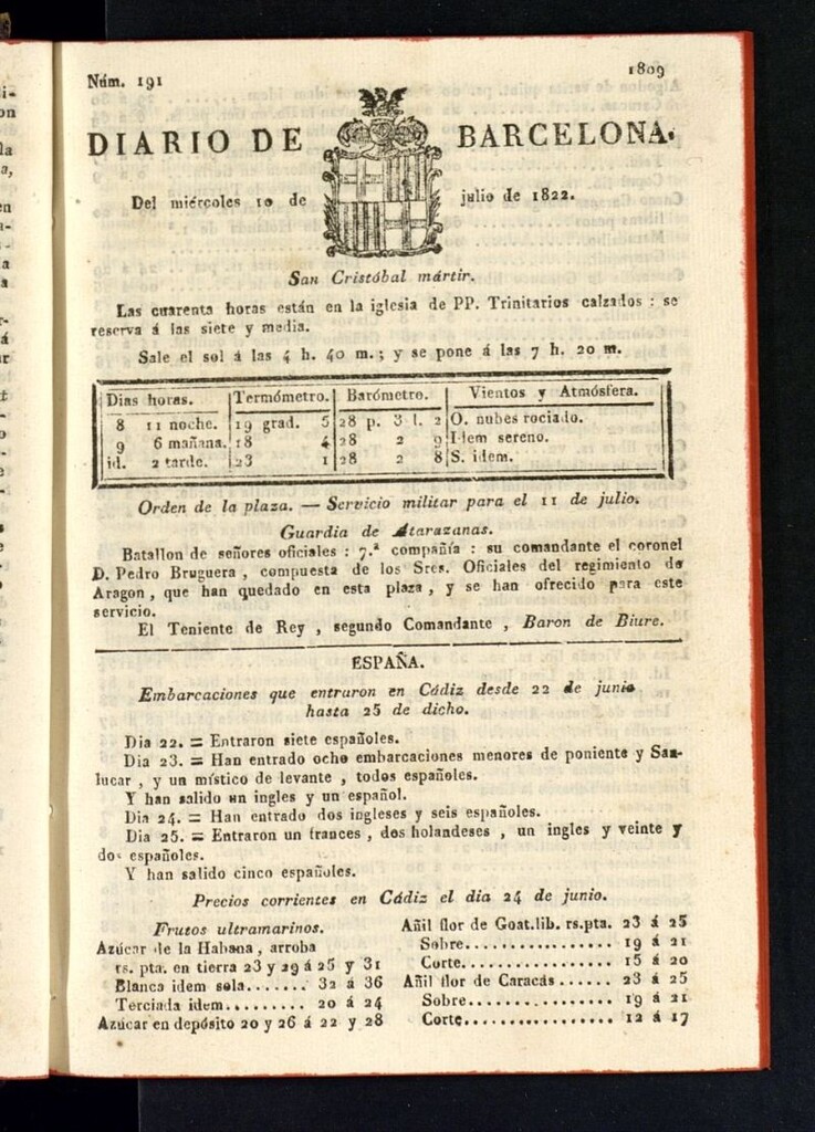 Miniatura de Diario de Barcelona del 10 de julio de 1822, nº 191
