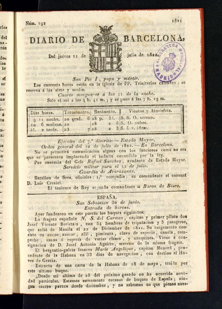 Miniatura de Diario de Barcelona del 11 de julio de 1822, nº 192