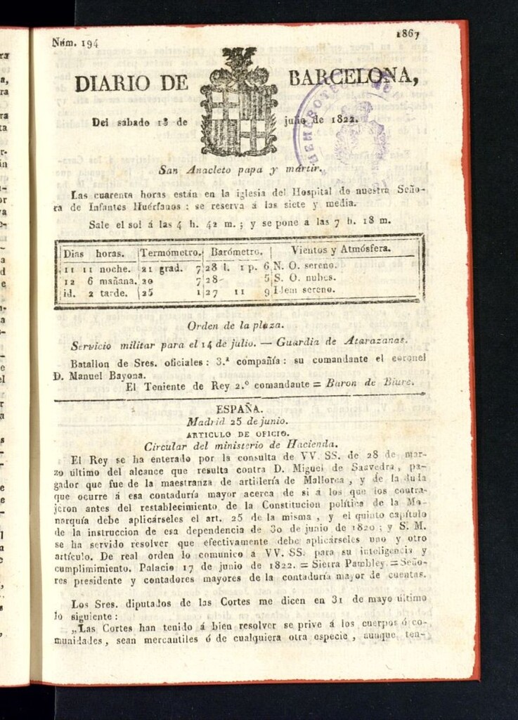 Miniatura de Diario de Barcelona del 13 de julio de 1822, nº 194