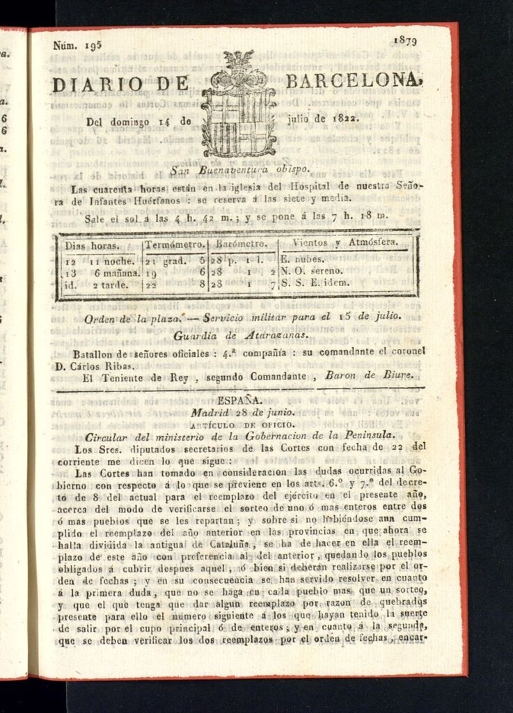 Miniatura de Diario de Barcelona del 14 de julio de 1822, nº 195