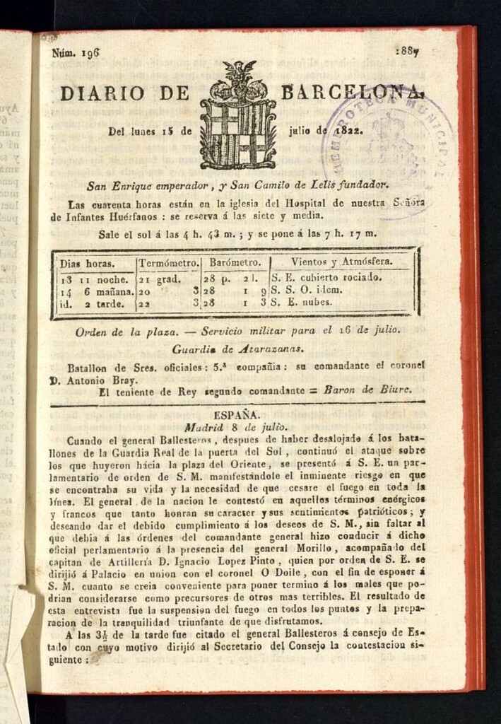 Miniatura de Diario de Barcelona del 15 de julio de 1822, nº 196